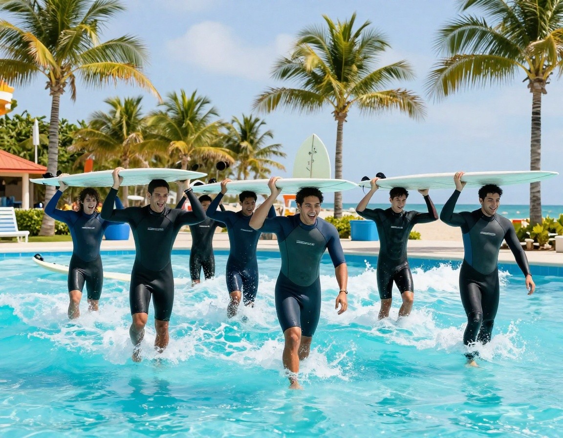 Guests surfing the wave pool at The Point Surf Park in Fellsmere, Florida
