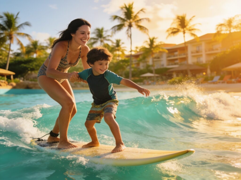 Mother and son learning to surf together at The Point Surf Park