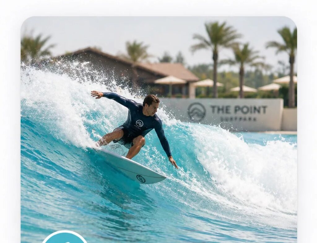 Advanced surfer riding a high-performance wave at The Point Surf Park in Fellsmere, Florida