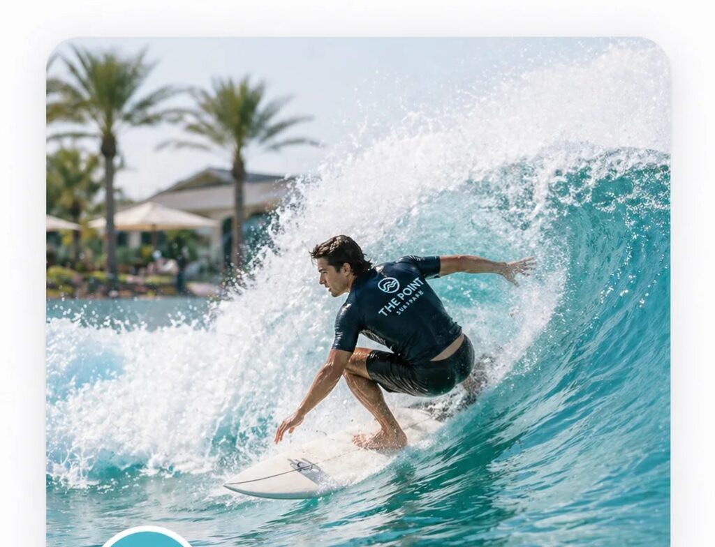 Advanced surfer riding a high-performance wave at The Point Surf Park in Fellsmere, Florida