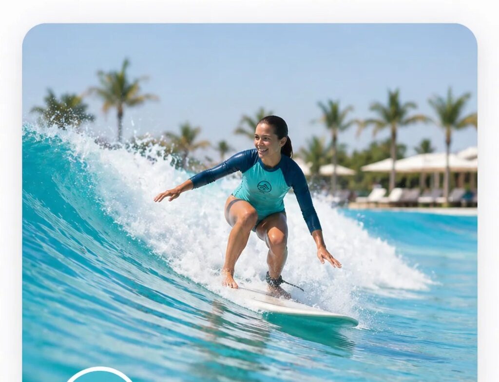 Intermediate surfer linking turns on an open-face wave at The Point Surf Park in Fellsmere, Florida