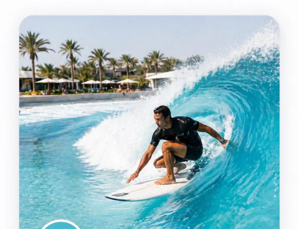 Advanced surfer riding a high-performance wave at The Point Surf Park in Fellsmere, Florida